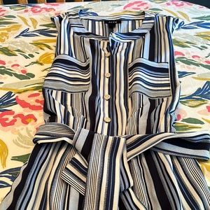 Navy and white striped jumpsuit.